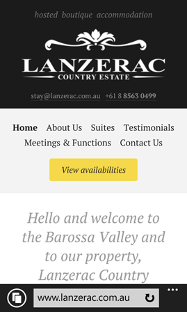 Lanzerac Country Estate website on mobile device